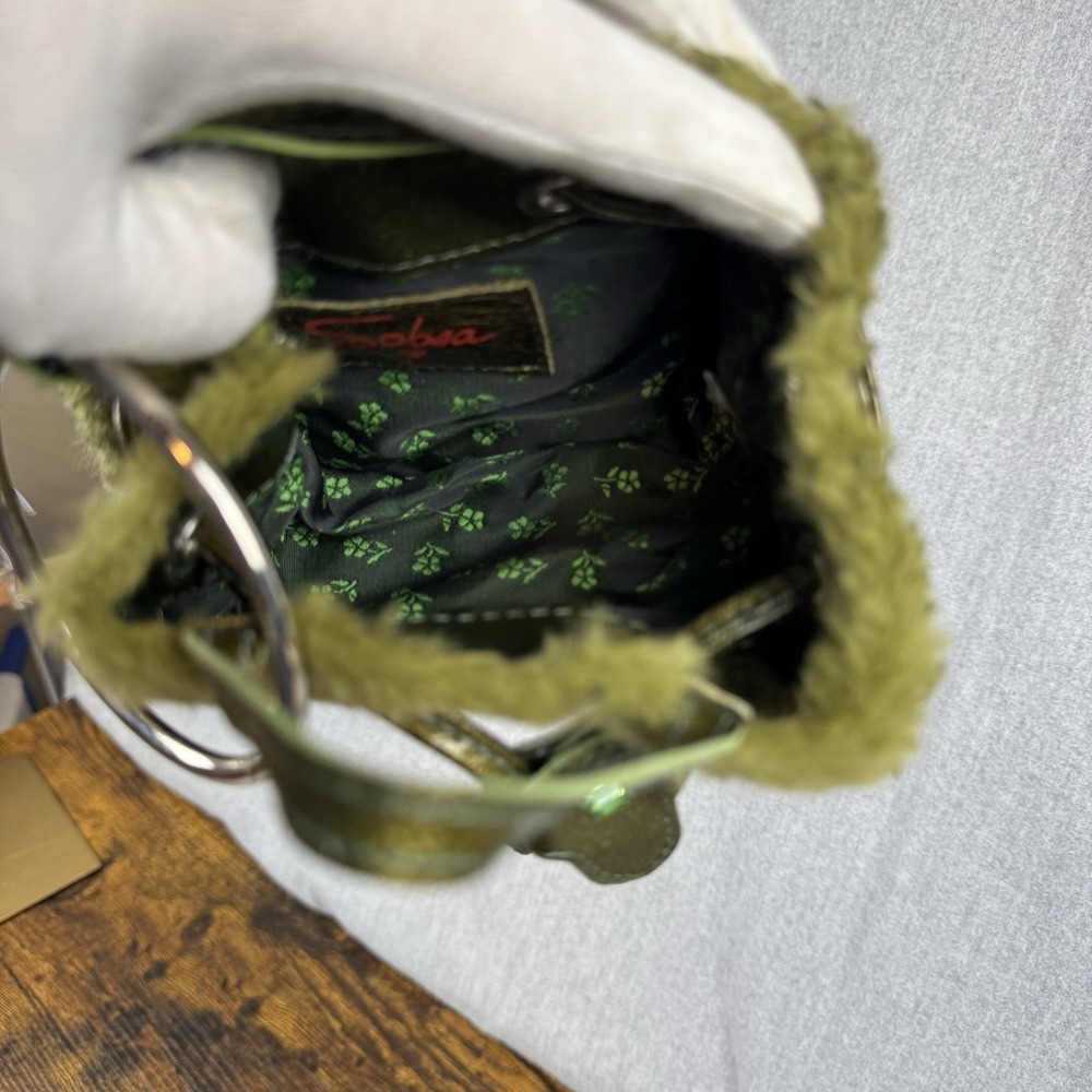 Unique Vintage Sobea leather & Sherpa drawstring mini bag with bracelet strap - Picture 7 of 16